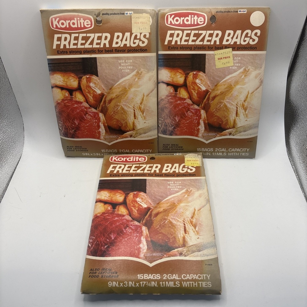 Vtg 1973 Kordite 2 Gallon 15 Ct Freezer Bags Mobil Lot of 3 NOS For Meat Prop